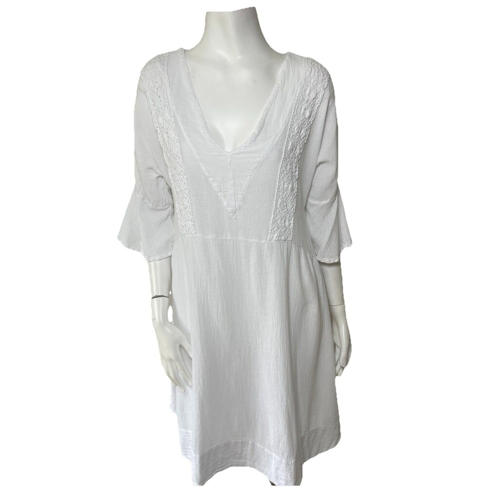Manta del Lago Caftan Dress M Beach Cover Up White Cotton Crochet Cottage Resort